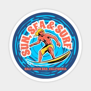 Vintage Sun, Sea & Surf Half Moon Bay, California // Retro Surfing // Surfer Catching Waves Magnet